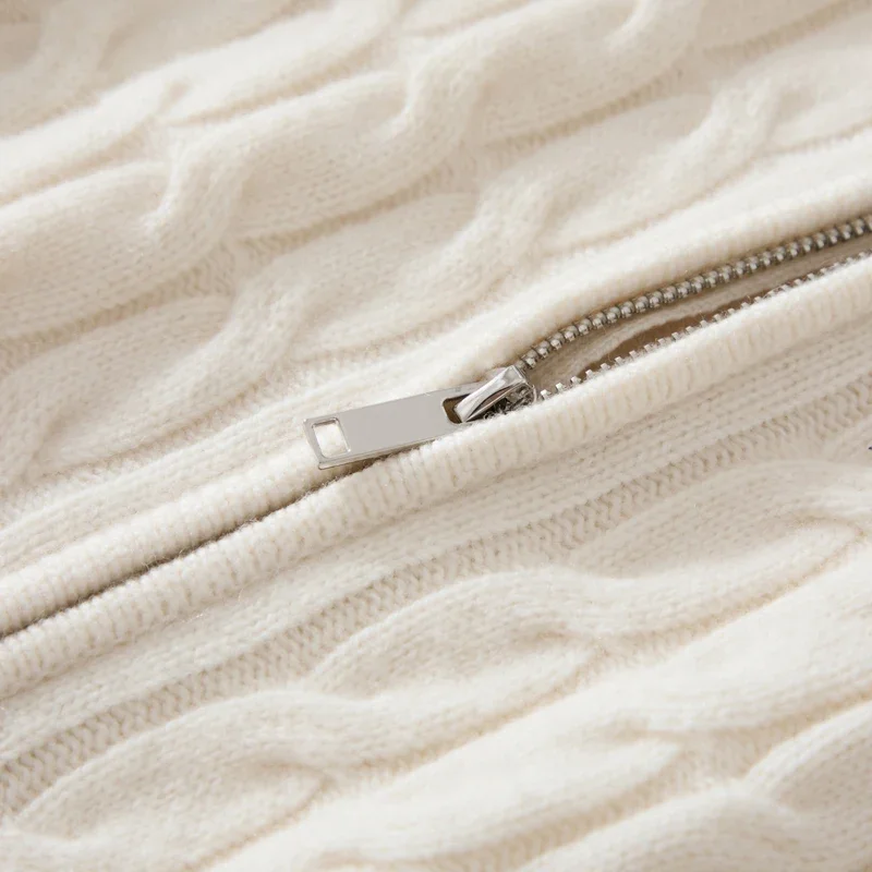 

100% Merino Wool Women Zipper Cardigan Sweater Autumn Winter Thick Twist Flower Long Sleeve Cashmere Knitwear Female Clothes