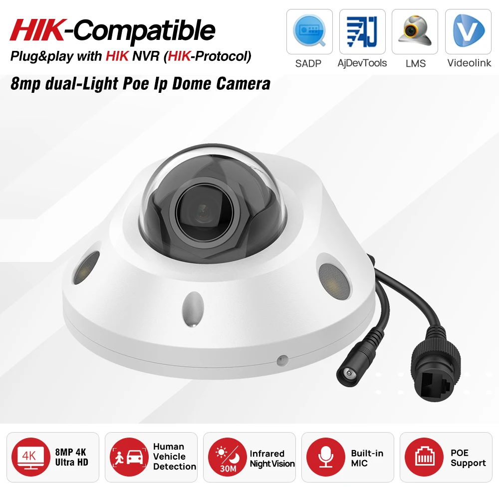 

Совместимая с Hikvision 4K 8MP POE IP-камера с ИК-подсветкой и тепловизором MD2.0 с микрофоном, миниатюрная купольная камера видеонаблюдения IK10 для дома