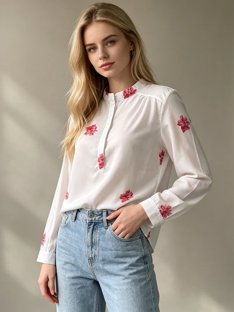 Spring Autumn Sweet Floral Print White Shirt Long Sleeve Blouse Stand Collar Button Front Loose Fit Simple Casual Shirts