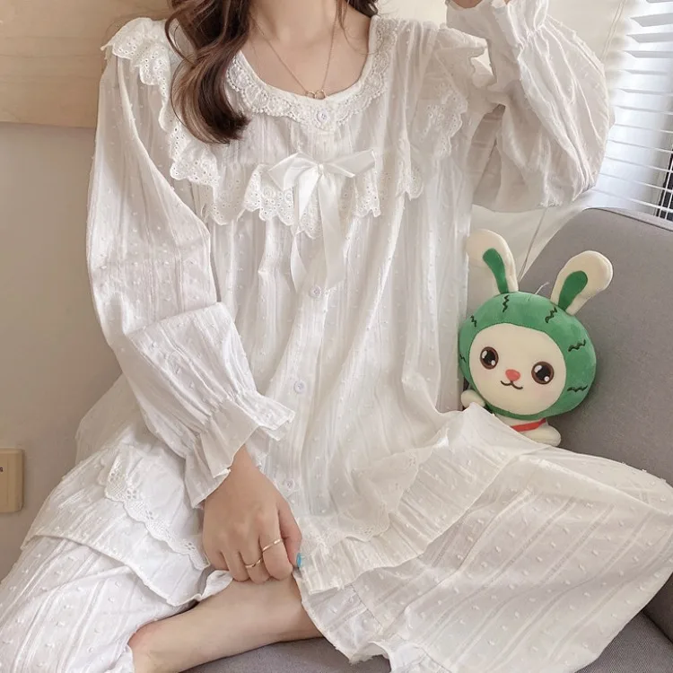 

New Spring Female Pajamas Set Retro Sweet Palace Style Princess Sleepwear Pijamas Suit Loose Casual Cotton Home Clothes Trouser