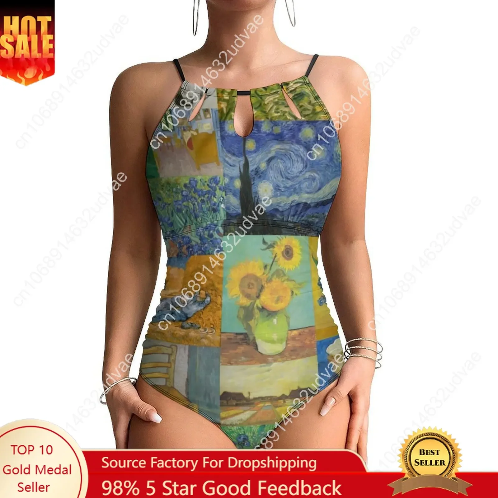 

Van Gogh Collage Swimsuit Sexy Sunflowers Print Women Swimwear One-Piece Sweet Swimsuits Surfing Push Up Halter Monokini