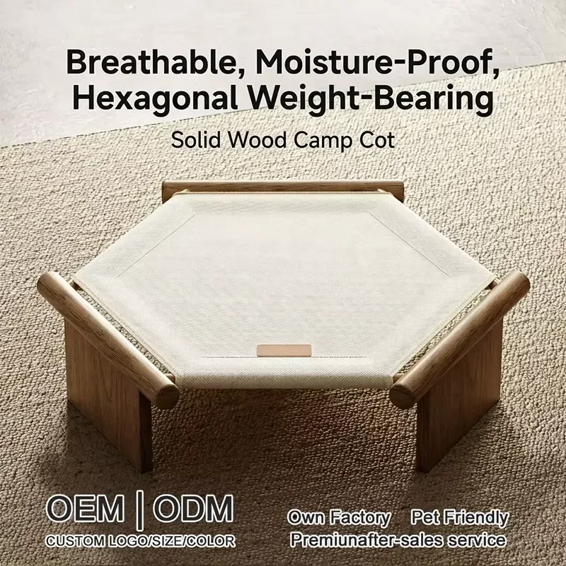 Nordic Style Solid Wood Breathable Washable Four Seasons Hexagon Oxford Cloth Small Raised Dog Cot Cat Hammock Elevated Pet