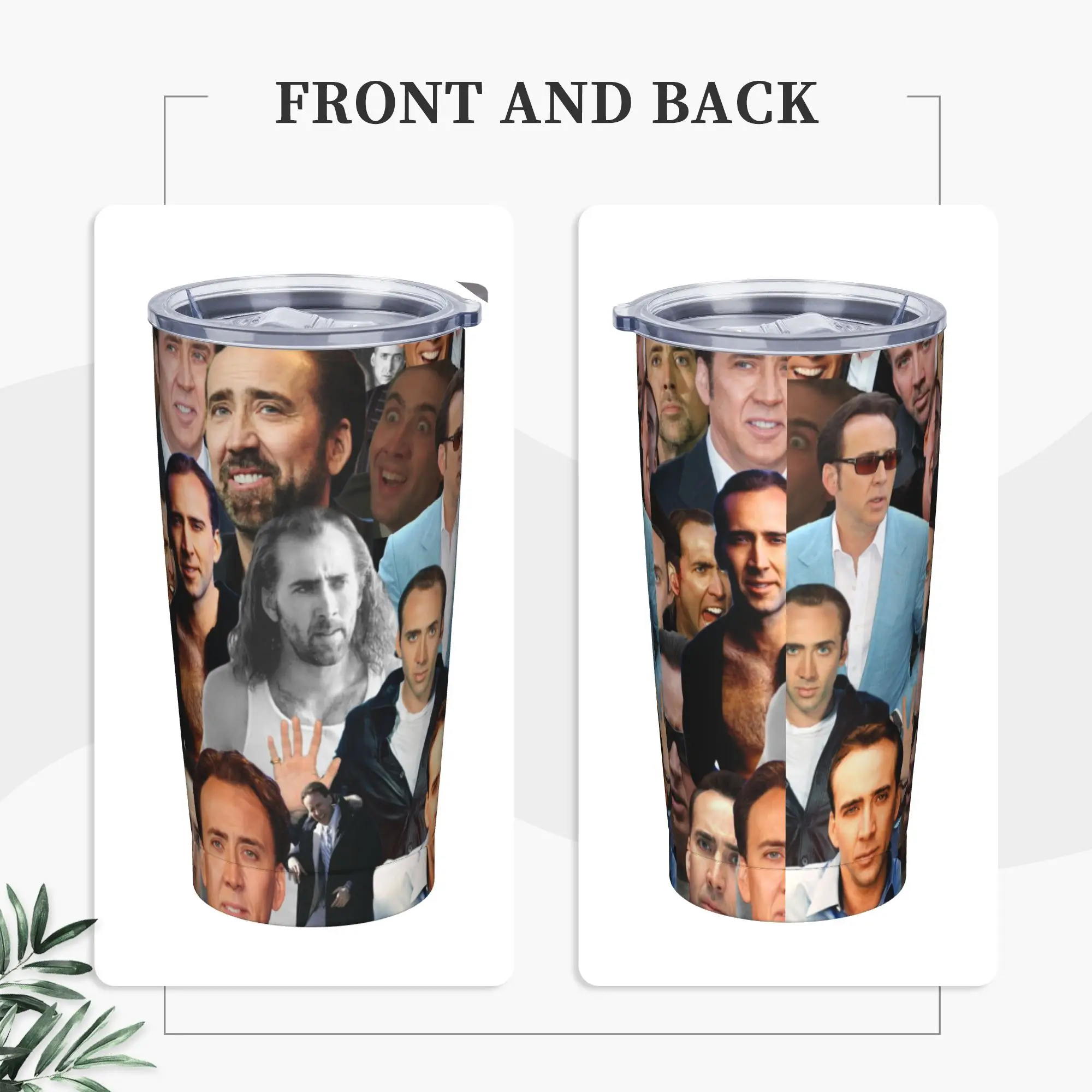 Nicolas Cage Collage Tumbler Vacuum Insulated Funny Face Printed Thermal Cup with Lid Straw Double Wall Mug Water Bottle, 20oz