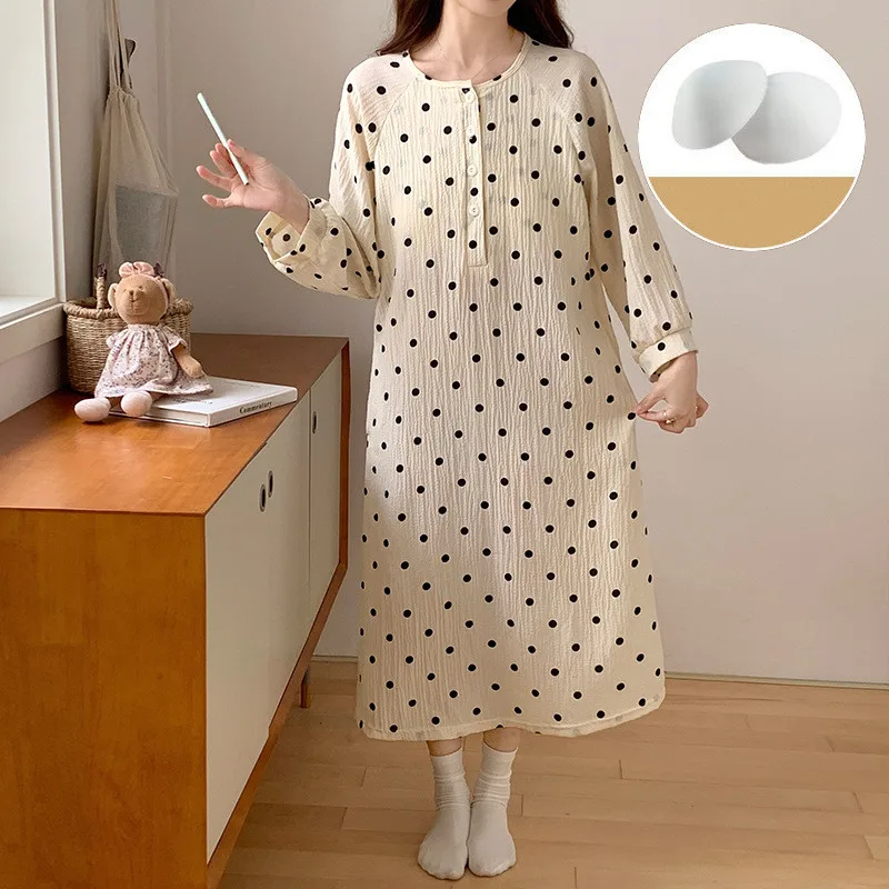 Chest Padded Women\'s Cotton Nightgowns New Korean Loose Sleepwear Home Dress New Long Sleeve Spring Autumn Girls Nightdress