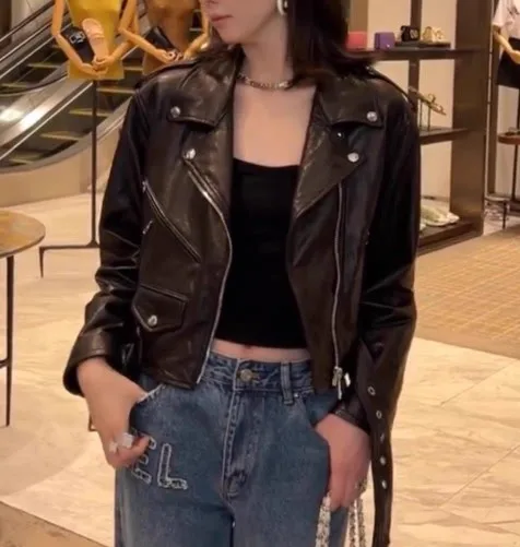 Bla Echtleder Biker Jaet Damen ort Sle Faionable Vielseitiger Motorradmantel mit hoher Taille Trendiger Eepskin-Mantel