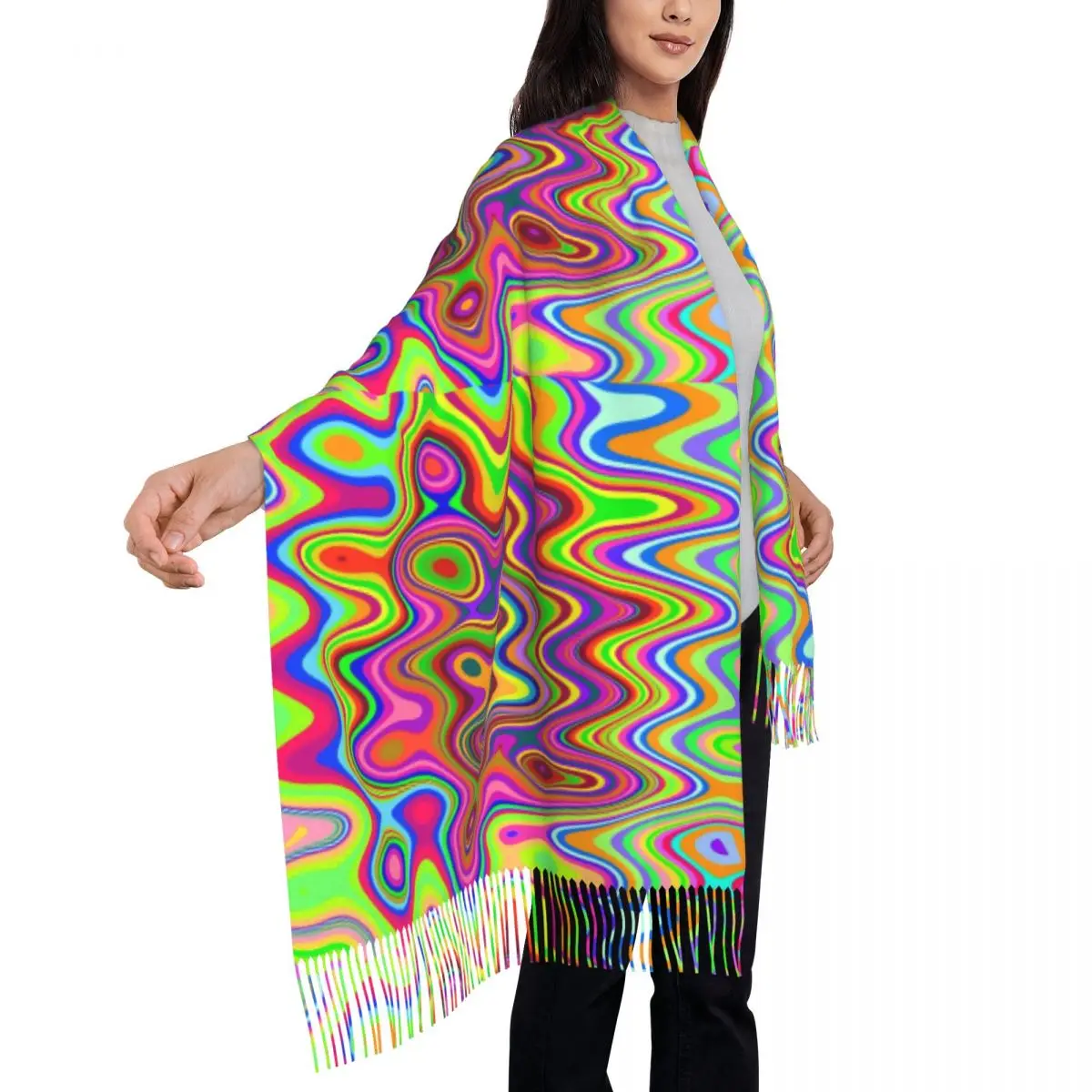 Female Scarf Warm Soft Psychedelic Pop Art Scarves with Long Tassel Liquid Swirl Print y2k Cool Shawls and Wraps Design Bufanda