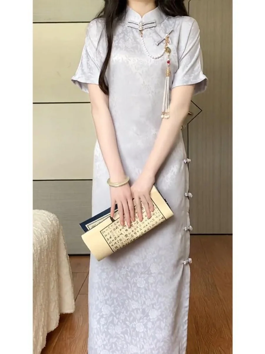 plus Size Women's Qipao Dress Full Open Front One-Piece Artistic Daily Wear Summer Short Sleeve Stand Collar A-Line Gown