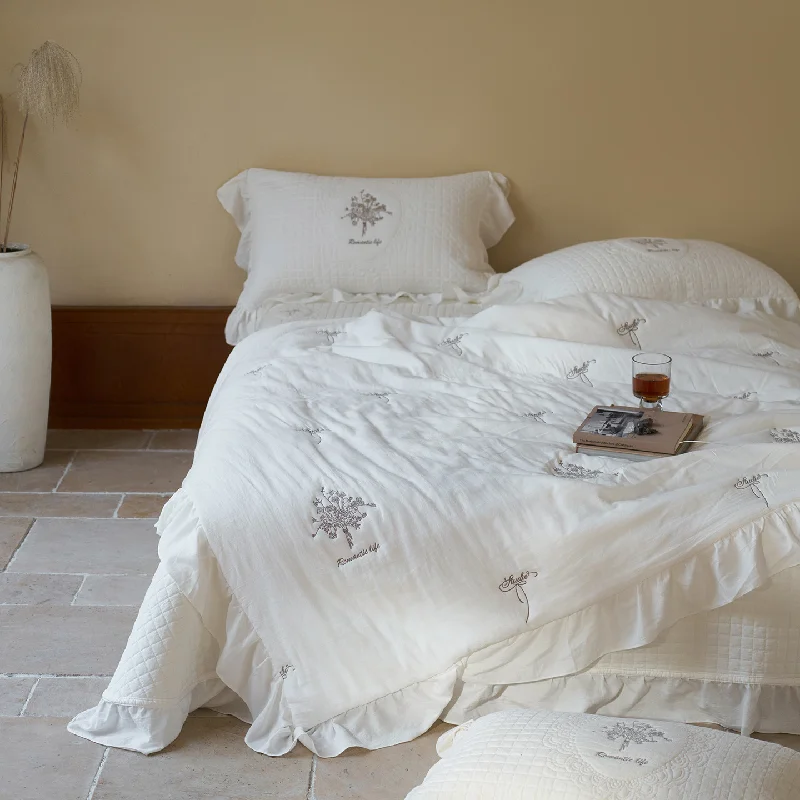 

Luxury 4-Pieces Embroidery Quilt Set 100% Cotton with Summer Quilt Solid Color Lace Trim Thickened Soft Breathable Quilted Bedsp