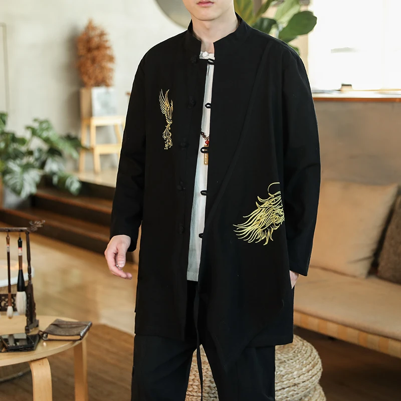 

Ele Embroidered Cotton Linen Jaet with Stand Collar And Button for Men Traditional Chinese Hanfu Sle Spring Autumn Ou...