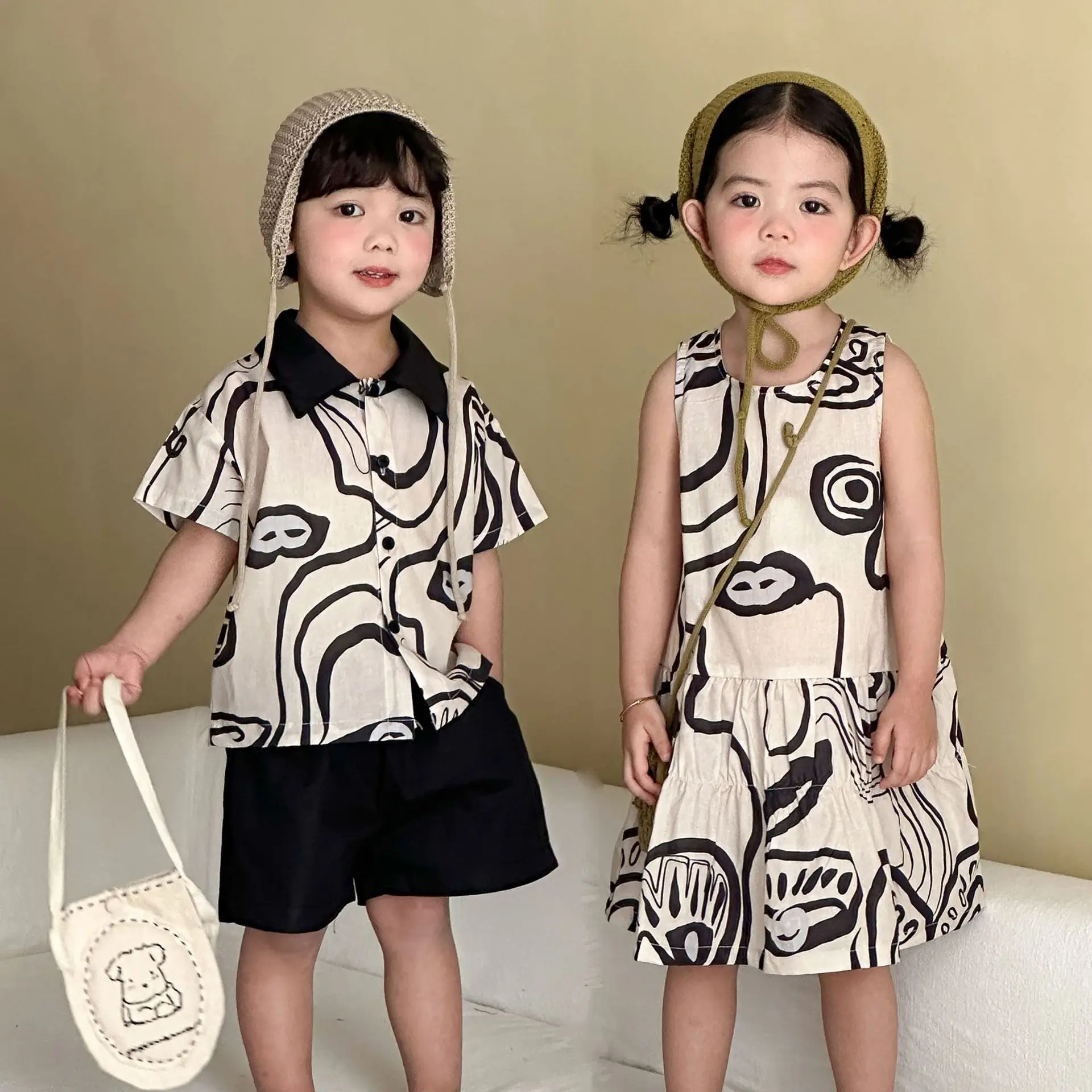 

2026 Summer New Kids Boys Short Sleeve Lapel Shirts + Shorts 2pcs Suit Cotton Girls Vest Dress Children Brother Sisters Outfits