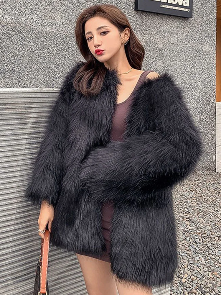 معطف فرو صناعي أسود للنساء سترة أنيقة شتوية دافئة ضيقة على الموضة الكورية بأكمام طويلة للسيدات برقبة دائرية قطع علوية صلبة من الثعلب الصناعي جديد #1