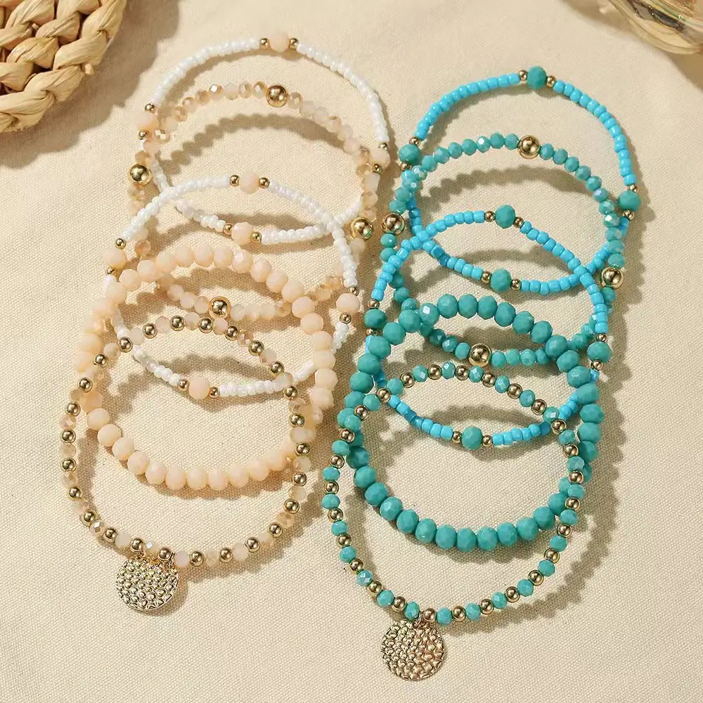 Turquoise Beaded Stackable Bracelet Set, Multi‑Strand Elastic Bead Bracelets Hammered Disc Charm Boho Vintage Wrist Jewelry