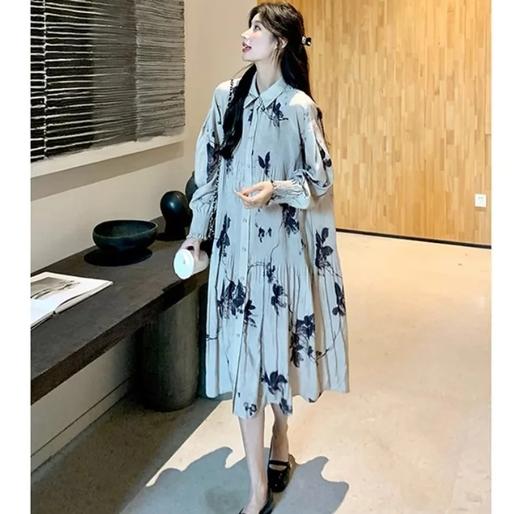Ele Chinese Water Ink Print Long Sve irt Dr Damen Frühling Herbst A-Linie Midi Dr Baumwollmaterial Blumenmuster
