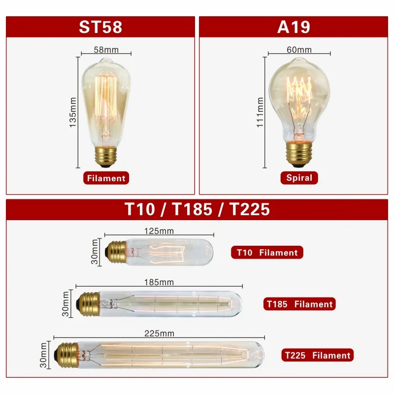 Retro Edison Lamp E27 220V 40W Gloeilamp A60 ST58 ST64 T10 T45 T185 G80 G95 Filament Vintage Ampul gloeilamp Spiraal Lamp