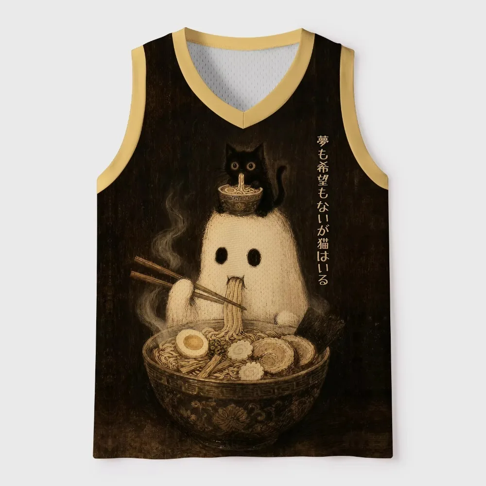 Ghost Black Cat Ramen Patterns 3D Printing Men's V-Neck Vests - Casual Outdoors Sports with Breathable and Quick-Drying Clothing