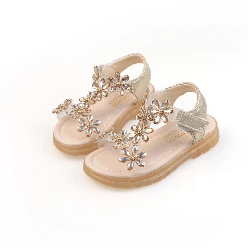 2024 Summer Girls Sandals Flower Crystal Princess Shoes Kids Fashion Rhinestone Beach Children Anti-slip Ankle Strap Shoe