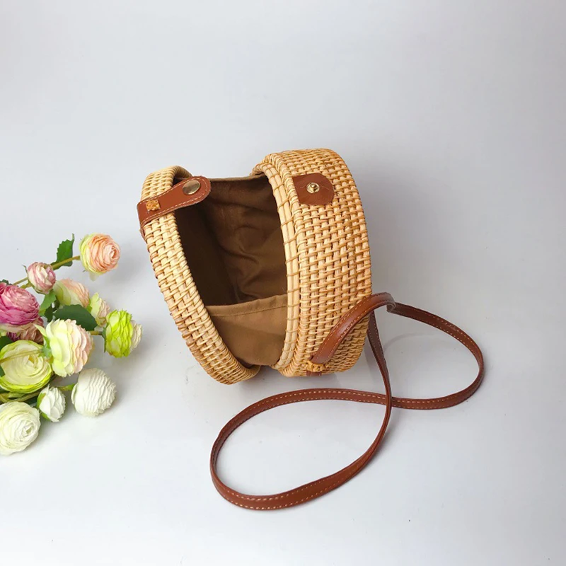 Rattan Woven Women\'S Shoulder Bag Round Straw Beach Bags Female Bohemian Handbag Luxury Designer Handmade Crossbody Bag Bali Box