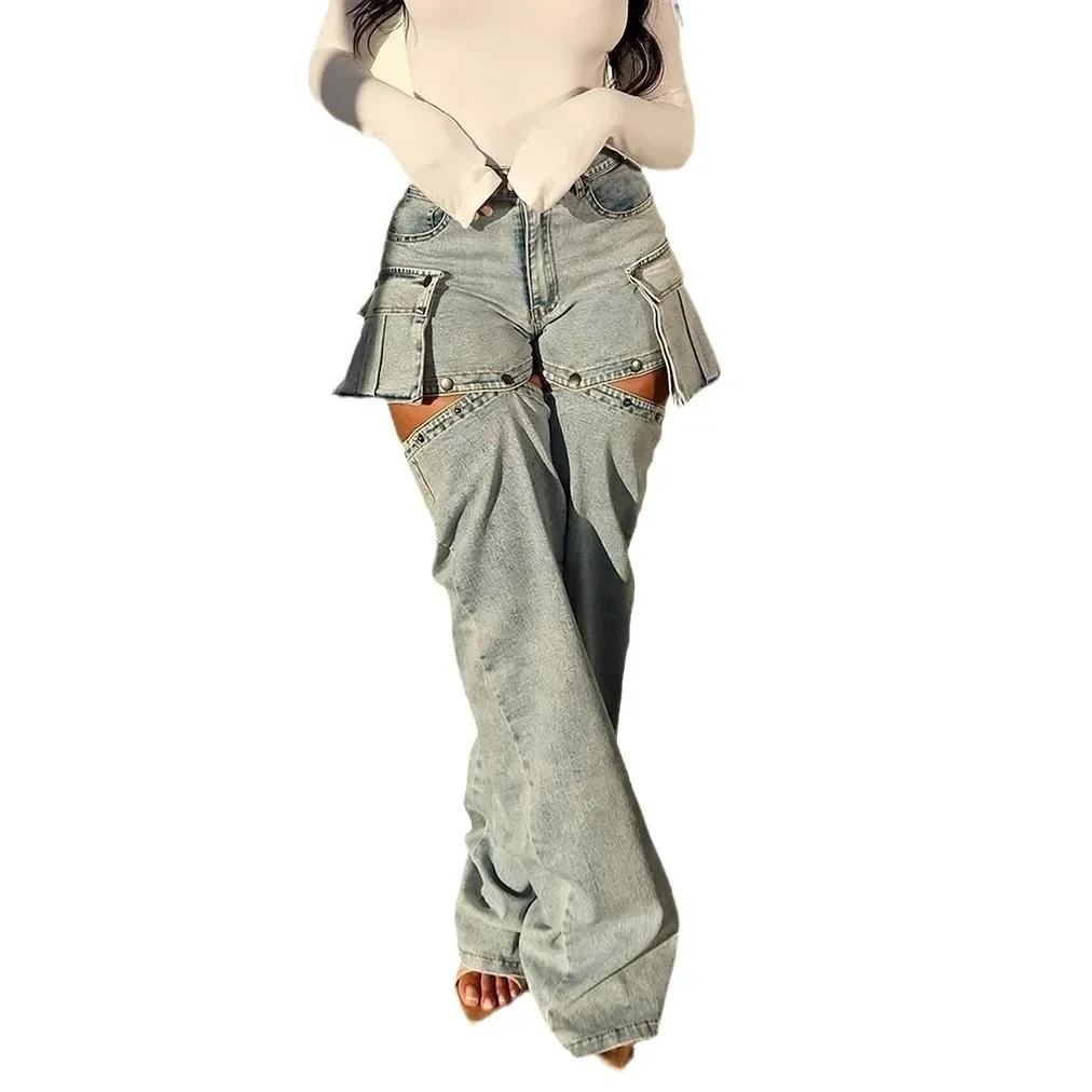 

Jeans Women Hollow Out Pants Detachable Shorts High Waist Strecth Pockets Denims Distressed Streetwear 2025 Straight Trousers