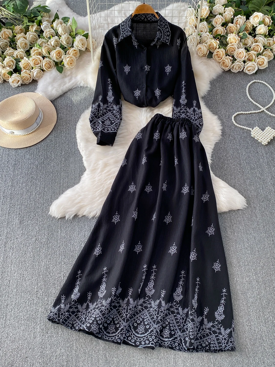 Casual Long Sleeve Open Cardigan Heavy Embroidery Sun Protection Outerwear High Waist Midi Skirt Two Piece Set Commute Style