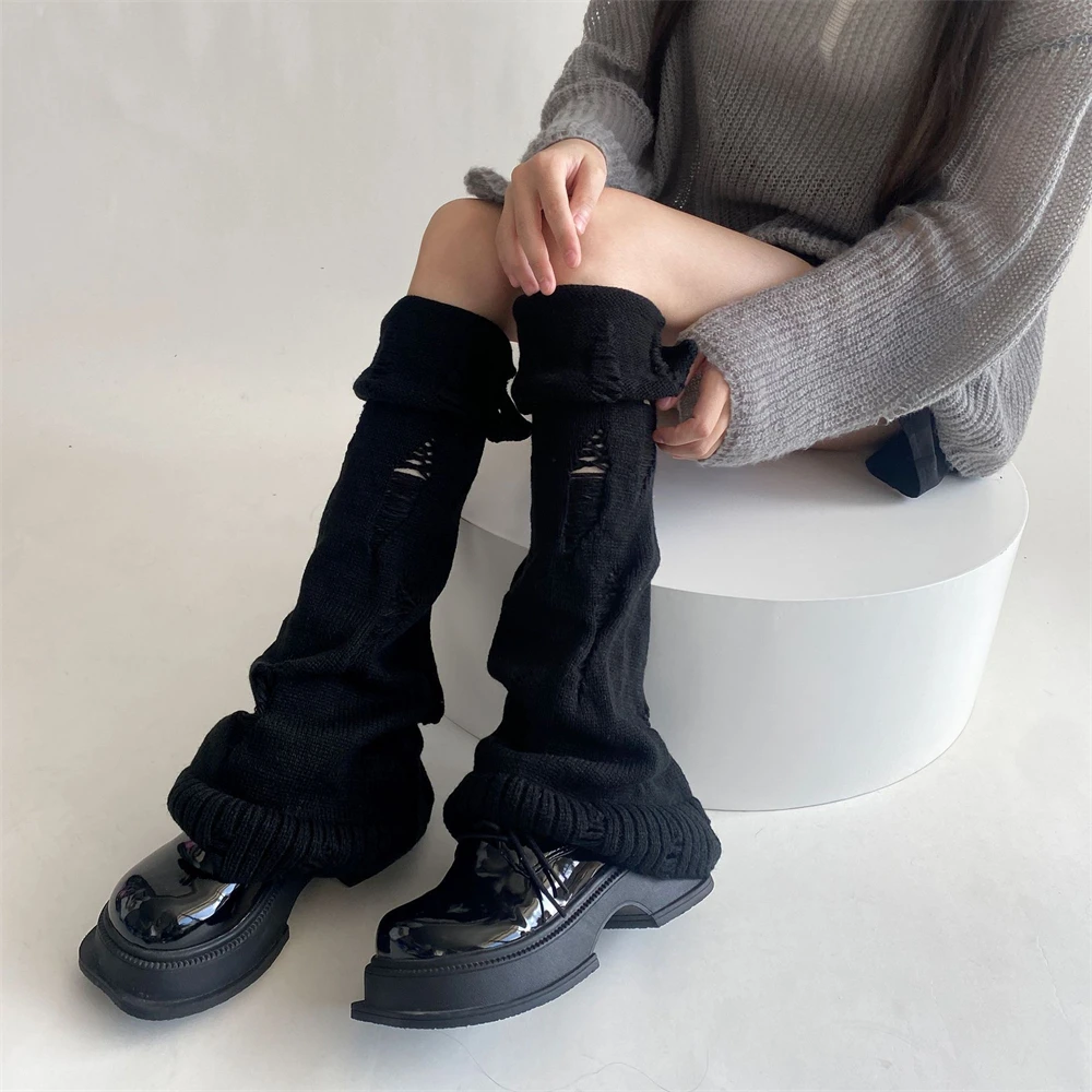 Süße Persönlichkeit Gestrickte Ripped Pile Socken Abdeckung Weibliche Herbst Winter Warme JK Breite bein Leggings Japanische Y2K Lolita Bein wärmer