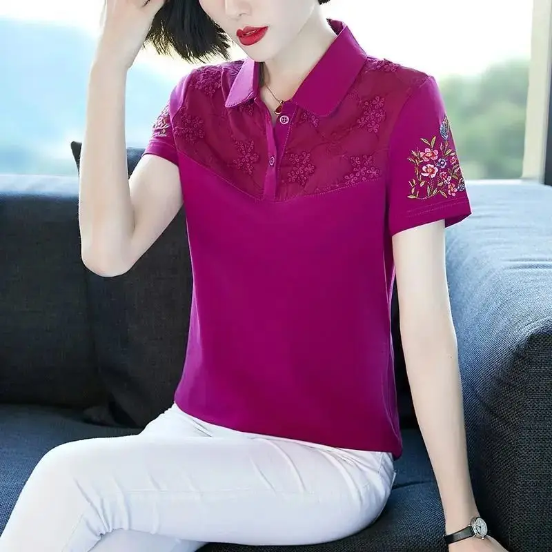 Summer New Turn-down Collar Short Sleeve Button Polo Shirts Women Solid Color Embroidered Pullovers Pure Cotton All-match Tops