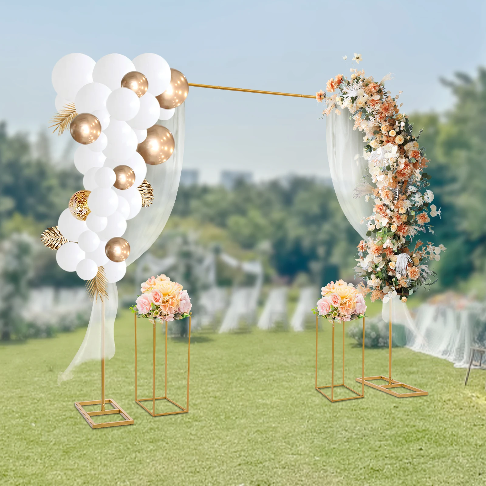 

Gold Metal Wedding Backdrop Stand, 2x2m Frame + 2 26.5x26.5x60cm Flower Stands, Flower Display for Ceremonies & Receptions