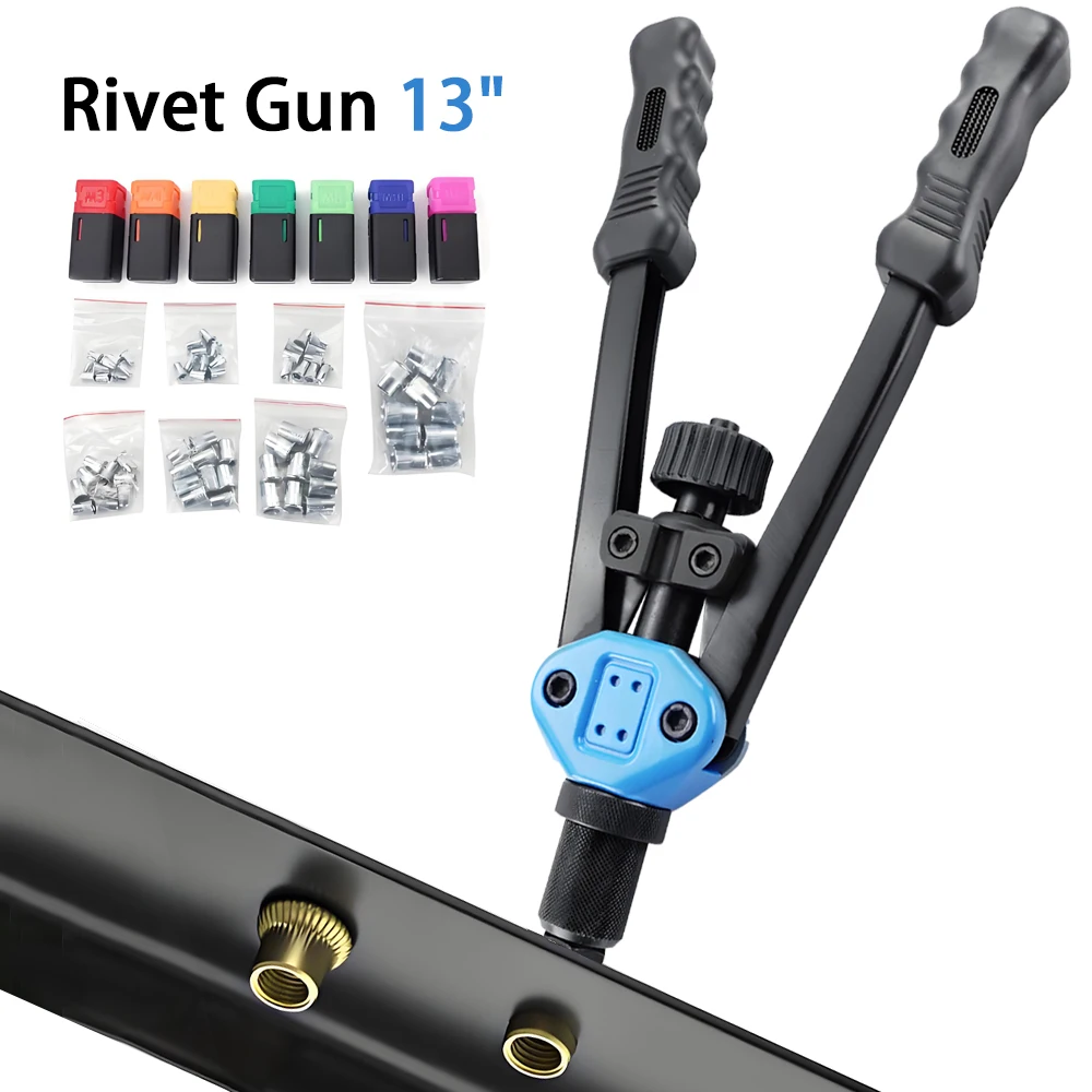 

13-inch Manual Mini Rivet Gun with M3-M12 Rivets Set - Double Handle Rivet Gun Core Drawing Interchangeable Head Rivet Gun Set