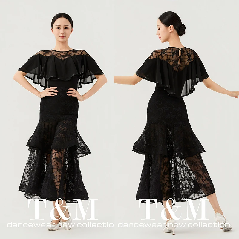 

2026 Waltz Dance Clothes Women Black Lace Ruffled Tops Long Skirt Ballroom Dance Competition Performance Dresses Tango Dancewear