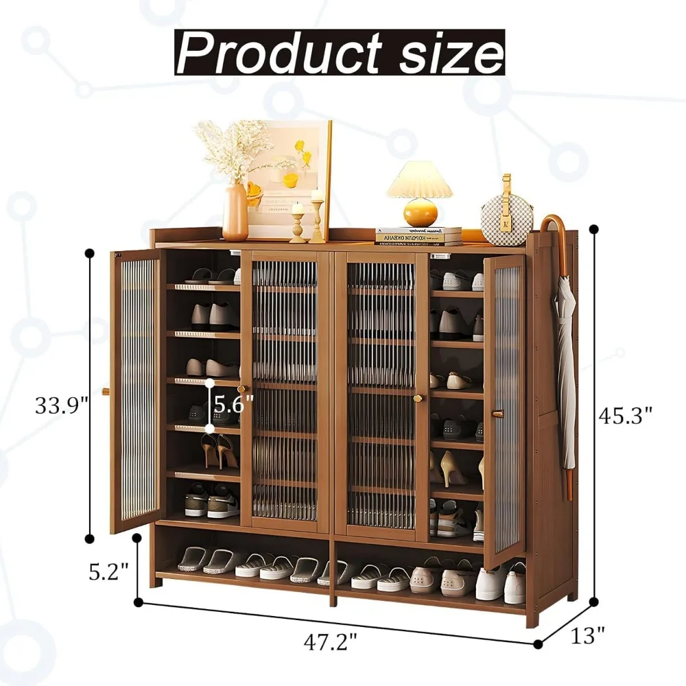 خزانة تخزين أحذية كبيرة من الخيزران مكونة من 8 طبقات مع أبواب، ومنظم رف قائم بذاته لـ 36-40 زوجًا، وخزانة أحذية موفرة للمساحة