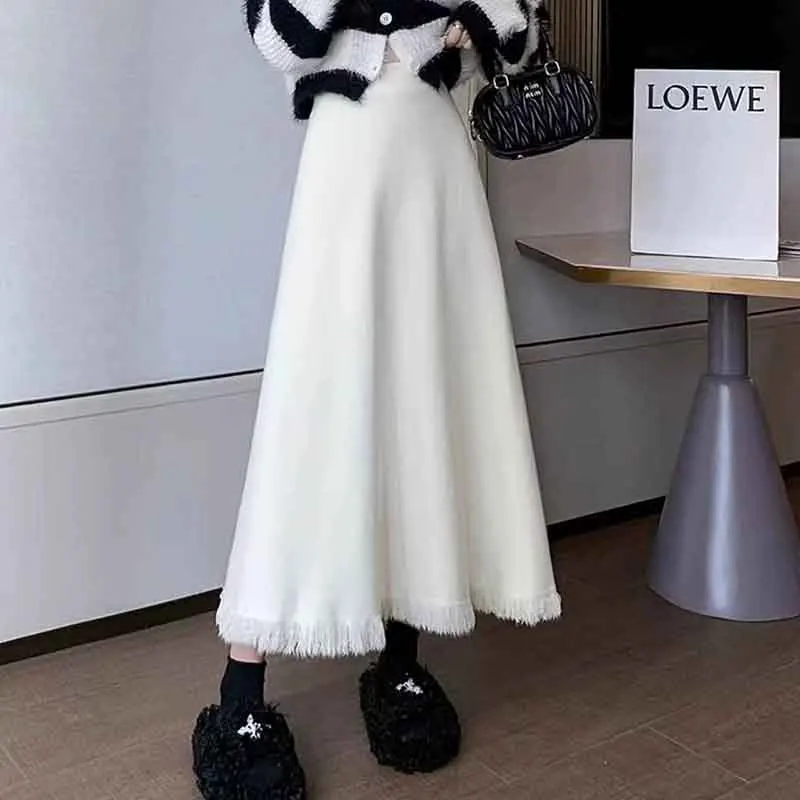 

Zoki Fashion Tassel Knitted Midi Skirt Women Autumn Winter Korean Elegant Solid Casual A Line High Waist All Match Skirts New