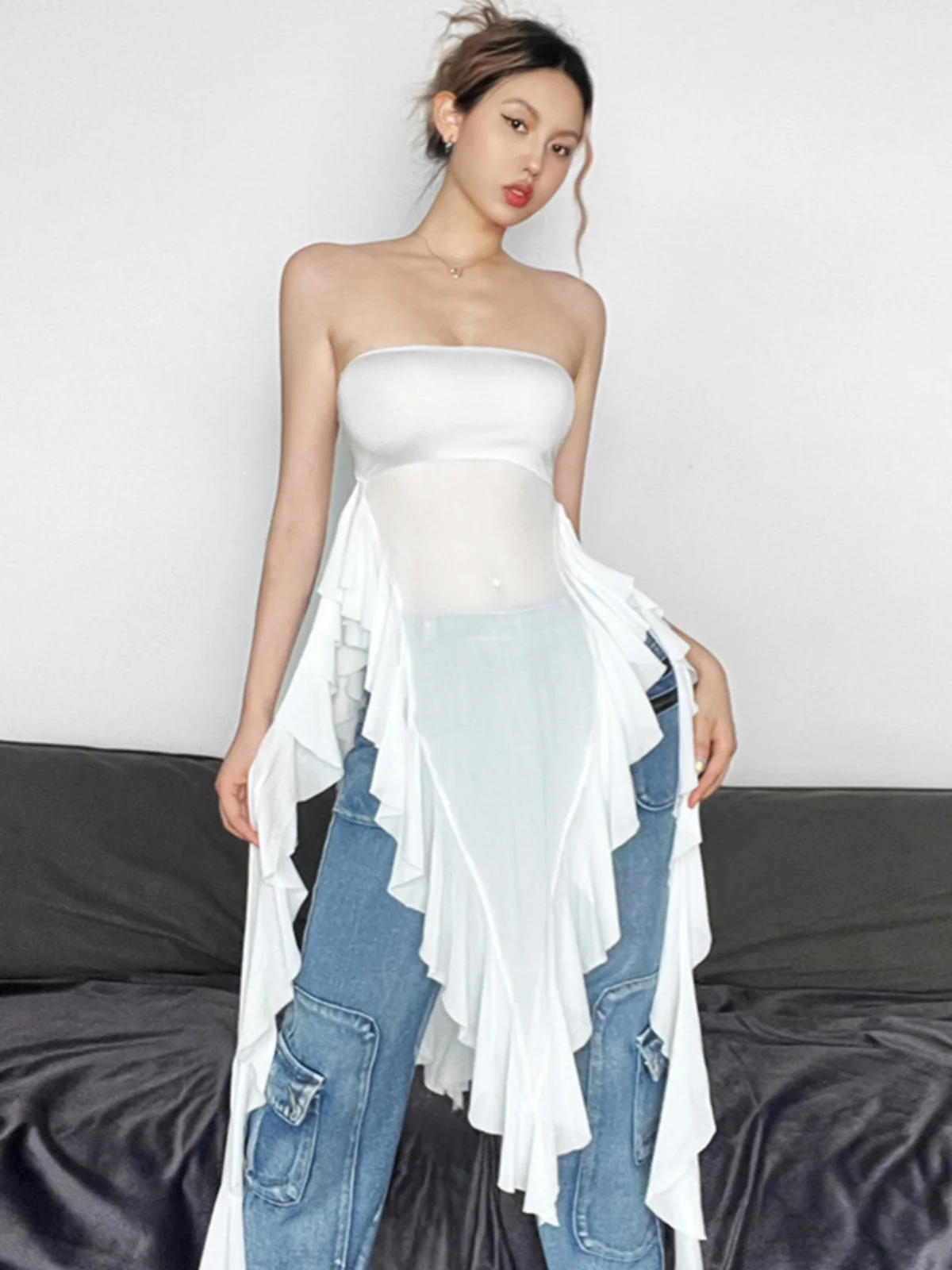 이상한 스타일의 롱 슬리밍 오프숄더 베스트 여성 스트리트 스타일 디자인 비대칭 우드 프린트 폴리에스터 혼방 탑