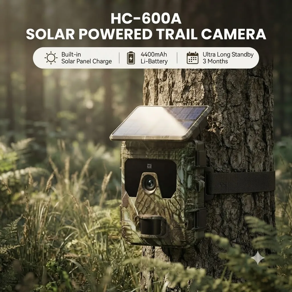 HC600A Solar Trail Camera, 4K 50MP Game Camera with Built-in 4400mAh Lithium Battery, 0.3s Trigger Speed, IP65 Waterproof Night