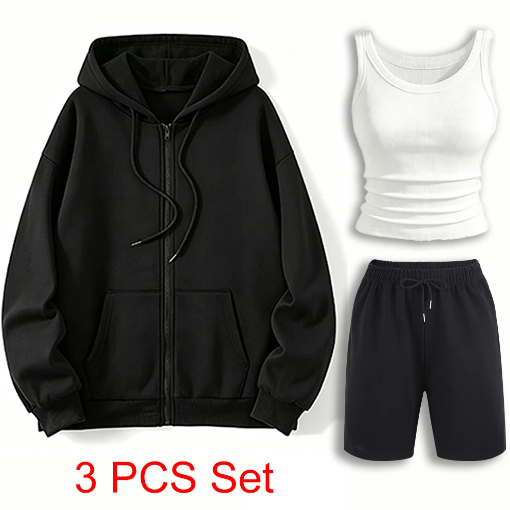 Solid Color Vacation Y2K 3PCS Autumn Zipper Women's Hoodies Suit Wide-Leg Short Pant Korean Crewneck Camisole Casual Tracksuit