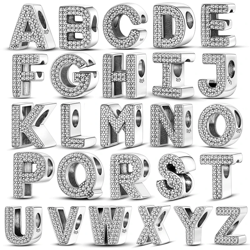 26 A-Z Alphabet Letter Beads S925 Silver Inlaid Crystal Zircon Charm Fit Pan Bracelet Women Custom Name Pendant DIY Jewelry Gift