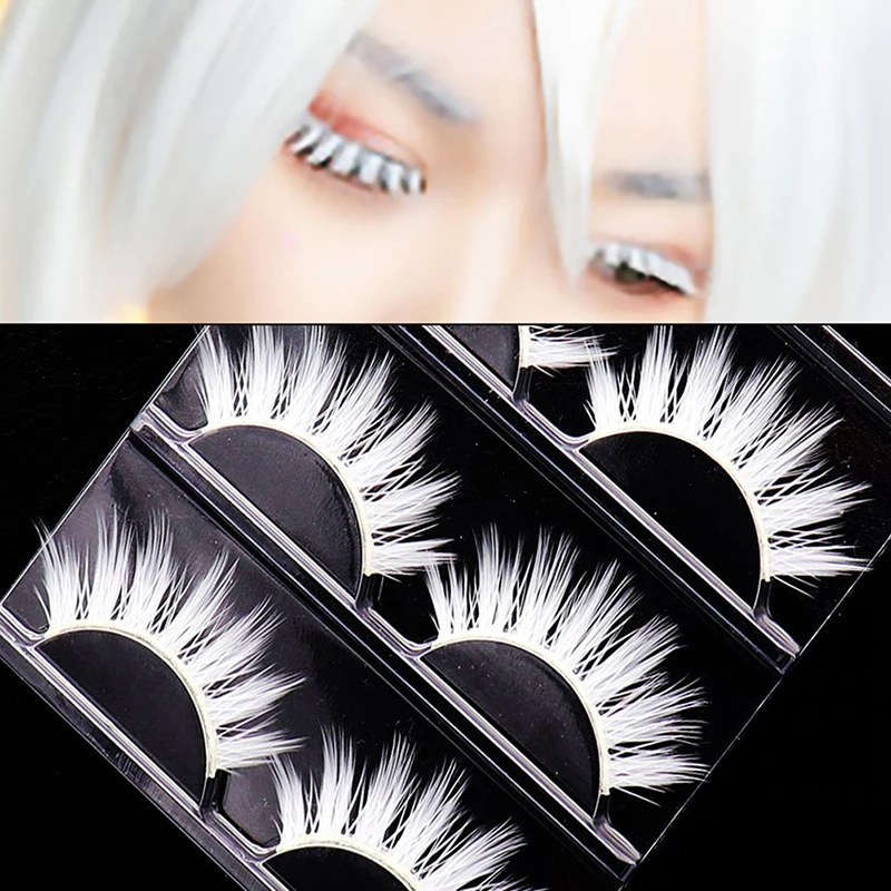 3pair White Eyelashes Cosplay Makeup Natural Long Cross Strip False Eye Lashes