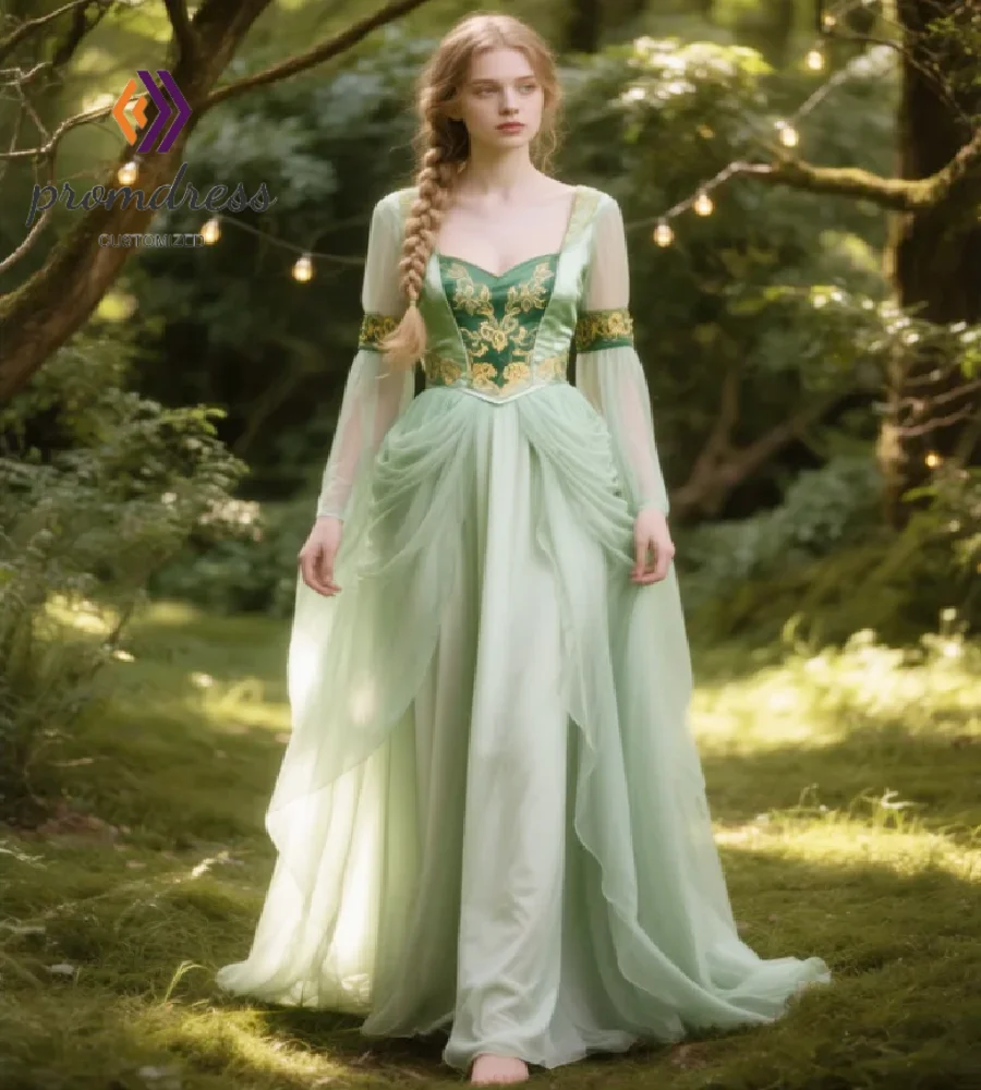 Vestido de Noche Medieval Renacentista Verde, Vestido de Hada Élfica con Mangas de Bella, Vestidos de Graduación 2026, Disfraz Elegante con Encaje Dorado, Vestido Formal Tudor para Fiesta Vestido Regency Bridgerton par