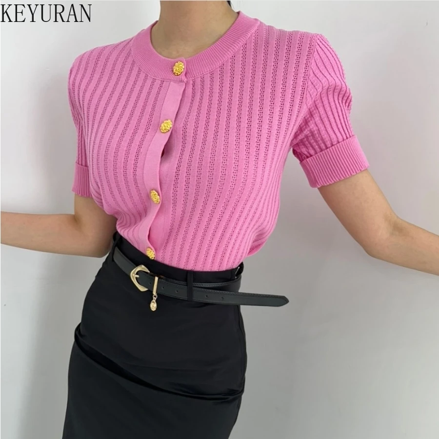 New Summer Korean Chic Thin Ice Silk Knitted Cardigan Women V-neck Single Breasted Short Sleeve Sweater Ropa Mujer Knitwear Tops