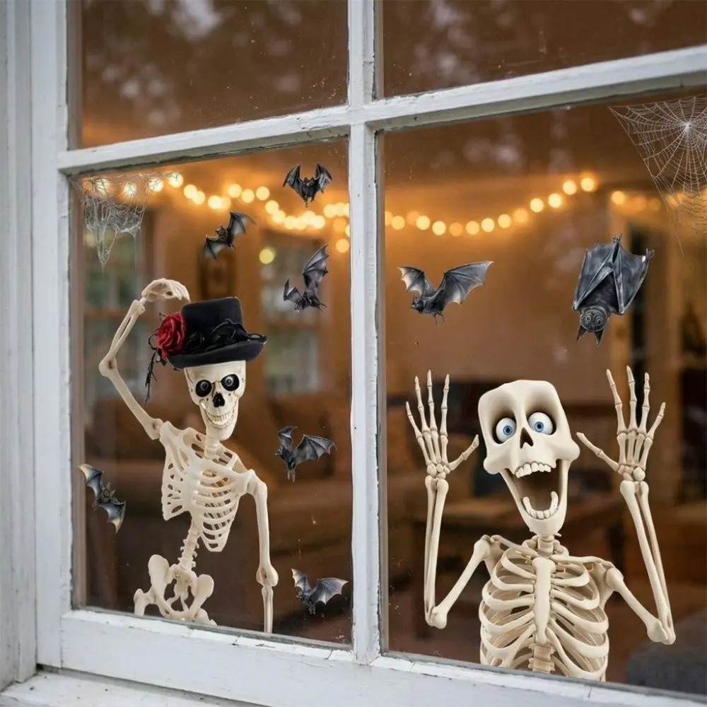 4Pcs Removable Halloween Skeleton Window Stickers PVC Non-Adhesive Static Window Decals Waterproof Spooky Party Glass Clings