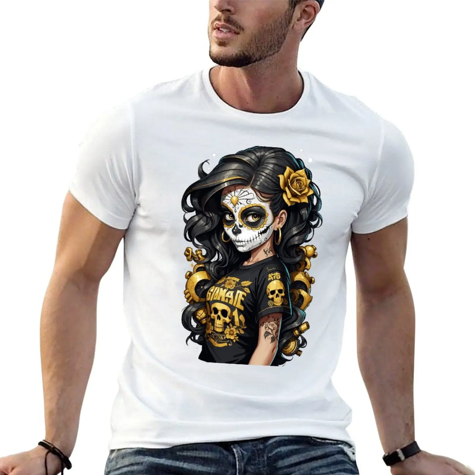 Sugar Skull Girl with Black Hair and a Single Gold Rose T-Shirt t shirts designer man t shirt cotton high quality T-Shirt