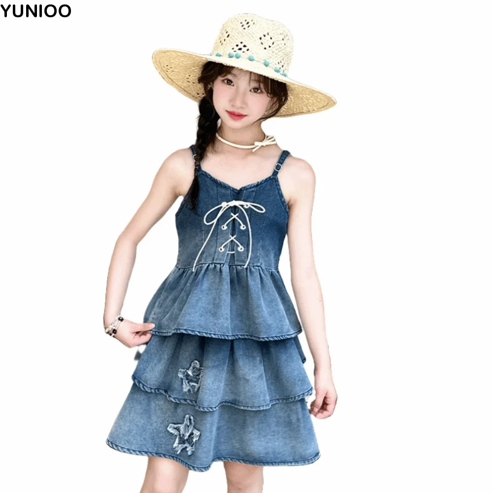 

Детское джинсовое платье без рукавов на бретелях, праздничное, в стиле ковбойское, свободное, с оборками, градиентное, пышное, для путешествий