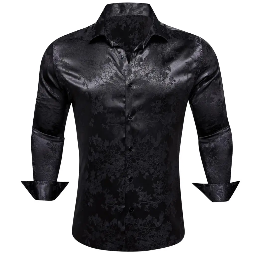 

Luxury Shirts for Men Silk Black Floral Long Sleeve Slim Fit Male Blouese Casual Tops Formal Streetwear Breathable Barry Wang