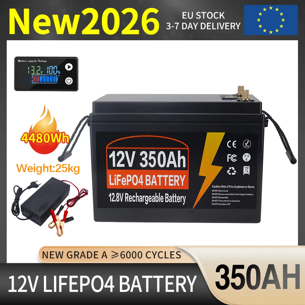 Batterie LiFePo4 12V 350Ah avec BMS intégré, cellule au phosphate de fer et de lithium, 6000 cycles, pour camping-cars, voiturettes de golf, solaires, sans taxes, stock UE