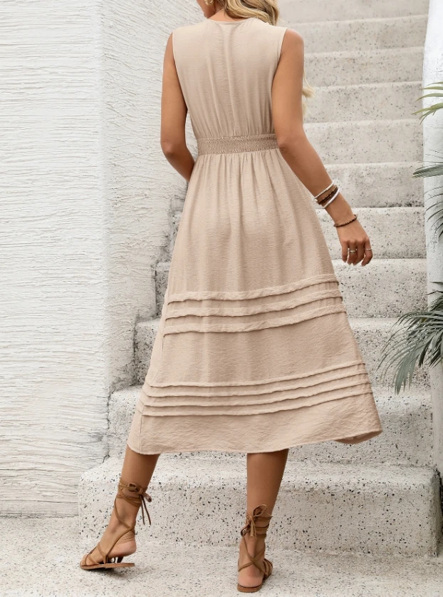 Elegant Women's Loose Dresses Solid Color Drawstring Sleeveless V-Neck Elastic Waist Dress for Women