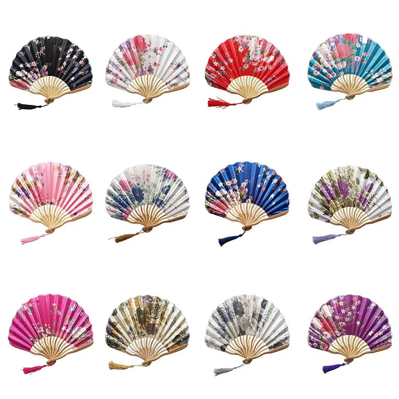 Flower Print Hand Fold Fan Woman Dance Props Wedding Living Room Cabinet Decor Bamboo Wood Silk Flower Folding Fan