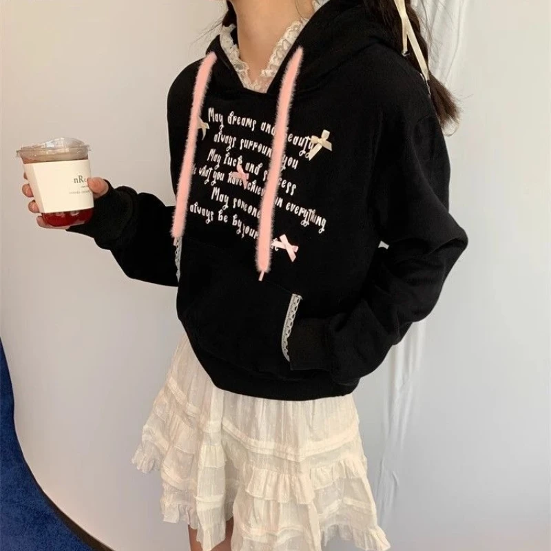 Deeptown Sweet Lace Bow Hoodies Women Black Shoujo Girl Aesthetic Kawaii Pullovers Preppy Style Oversized Letter Sweatshirts