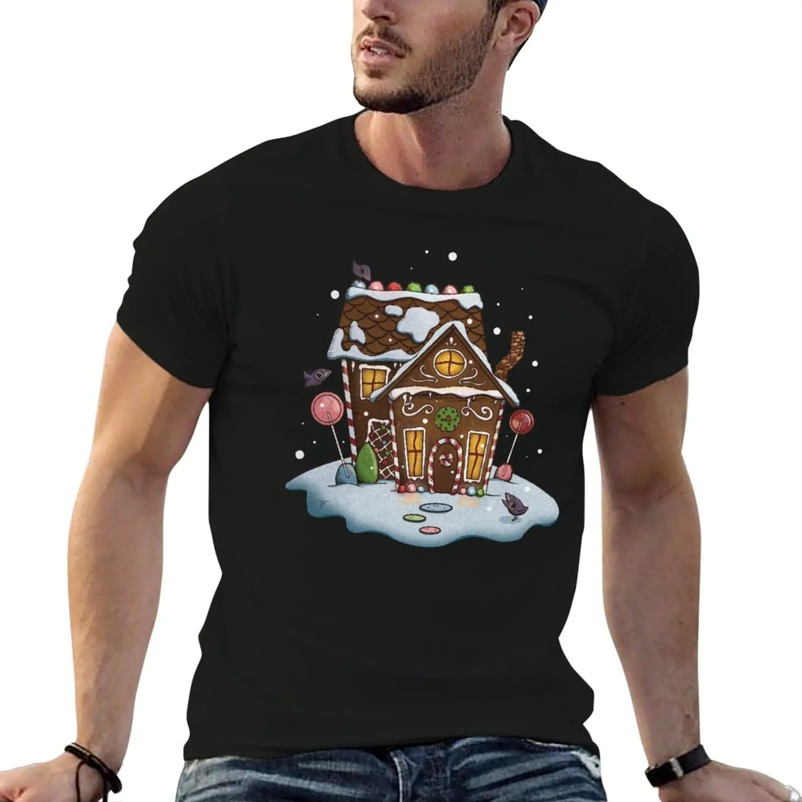 Holiday Gingerbread House with Cute Crows T-Shirt Halloween Casual T-Shirt