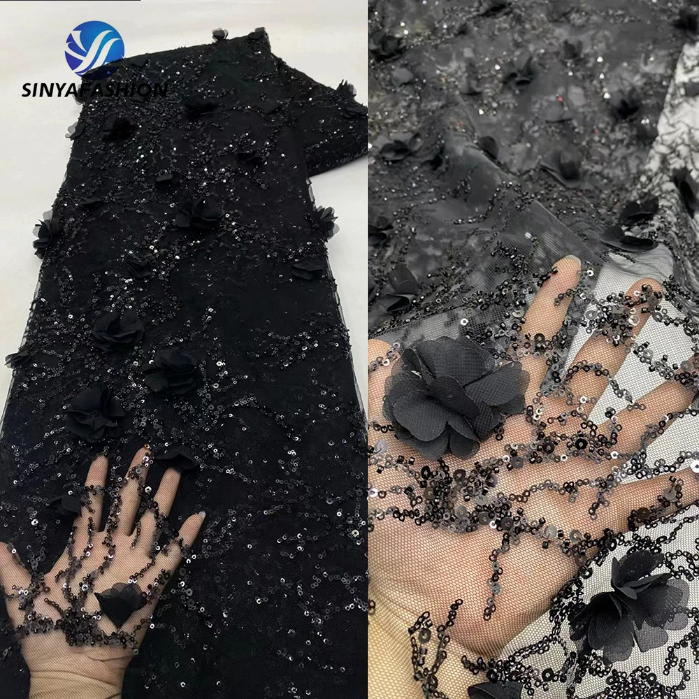 

Sinya Luxury Black African Sequins Beaded Lace Fabrics Luxury 2025 High Quality 3D Flower Lace Fabric Wedding Bridal 5 Yards