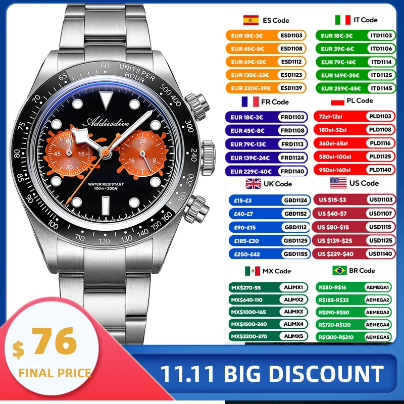ADDIESDIVE Mens Quartz Chronograph Watch AD2520 VK64 Luxury Stainless Steel Bracelet Ceramic Bezel Luminous 40mm 100M Waterproof