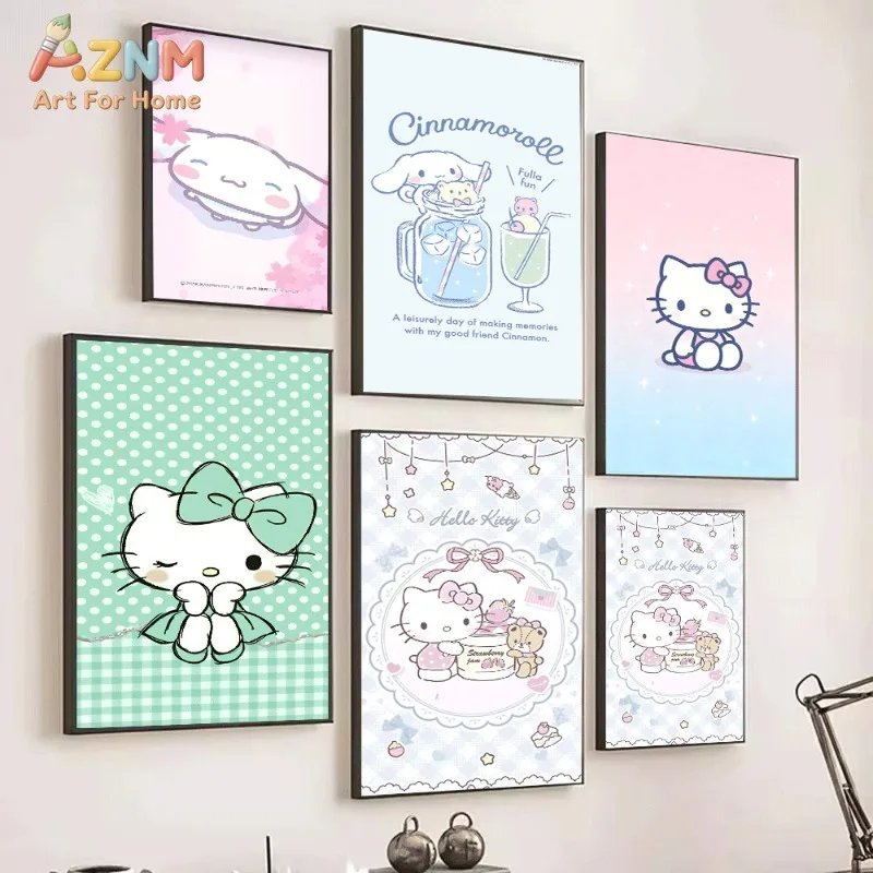 Cinnamoroll Hello Kitty Canvas Poster Cute Sanrio Cartoon Print Unframed Canvas Art Pink Cherry Blossom Sweet Aesthetic Wall Dec