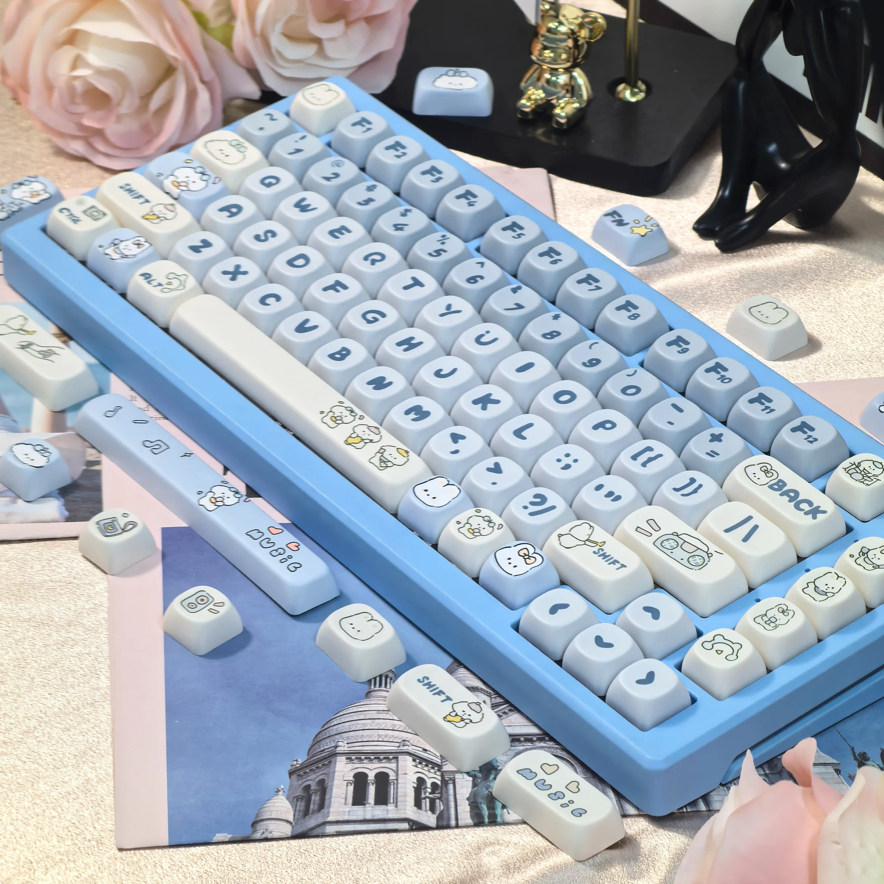 Keycap kelinci biru tema 112Key MOA PBT sublimasi untuk Keyboard Diy anak anjing berbintik Keycap anjing musik